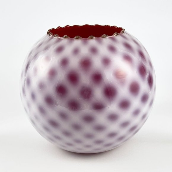 Vintage Kanawha Glass Round Vase Ruby Red Satin Opalescent Diamond Optic Quilt - Picture 1 of 6